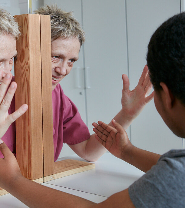 A patient receives mirror therapy Picture: A mirror is placed in the centre of the patient's body so that movements of the healthy arm are mirrored and perceived as movements of the affected arm.