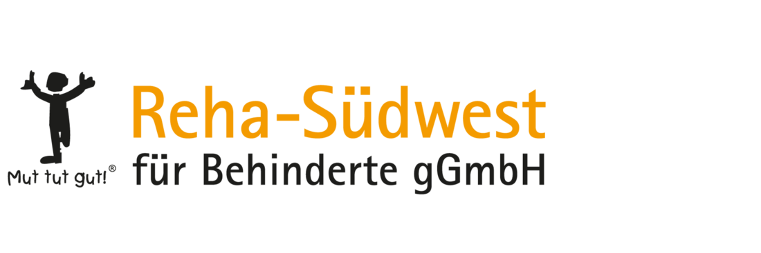 Logo: Das Logo besteht aus dem Bildelement mit dem Männchen auf einem Bein, dem Slogan „Mut tut gut“ und dem Schriftzug Reha Südwest für Behinderte gGmbH