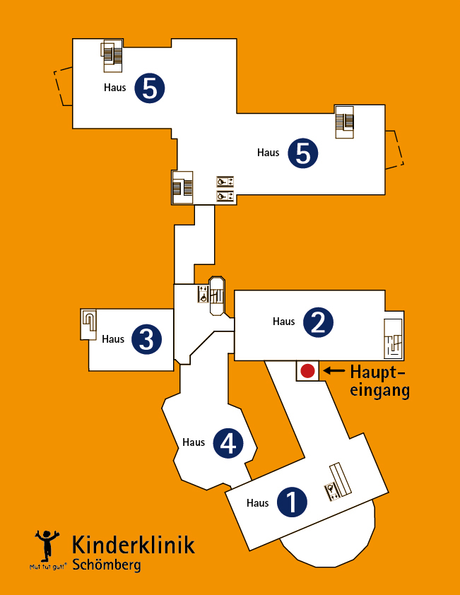 Grafik: Orientierungsplan Gebäude der Kinderklinik Schömberg. Die Aufnahme befindet sich in Haus 2, die Patientenzimmer in Haus 5